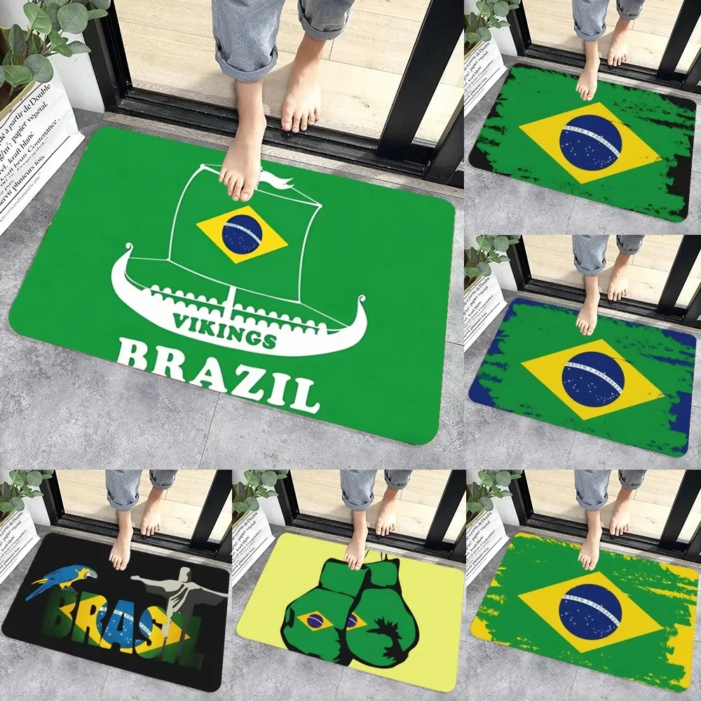 A-Custom Flag Of Brazil Doormat Entrance Kit Graphic Printed Flannel Doormats for Bathroom Kitchen Entrance Carpet Home Decor