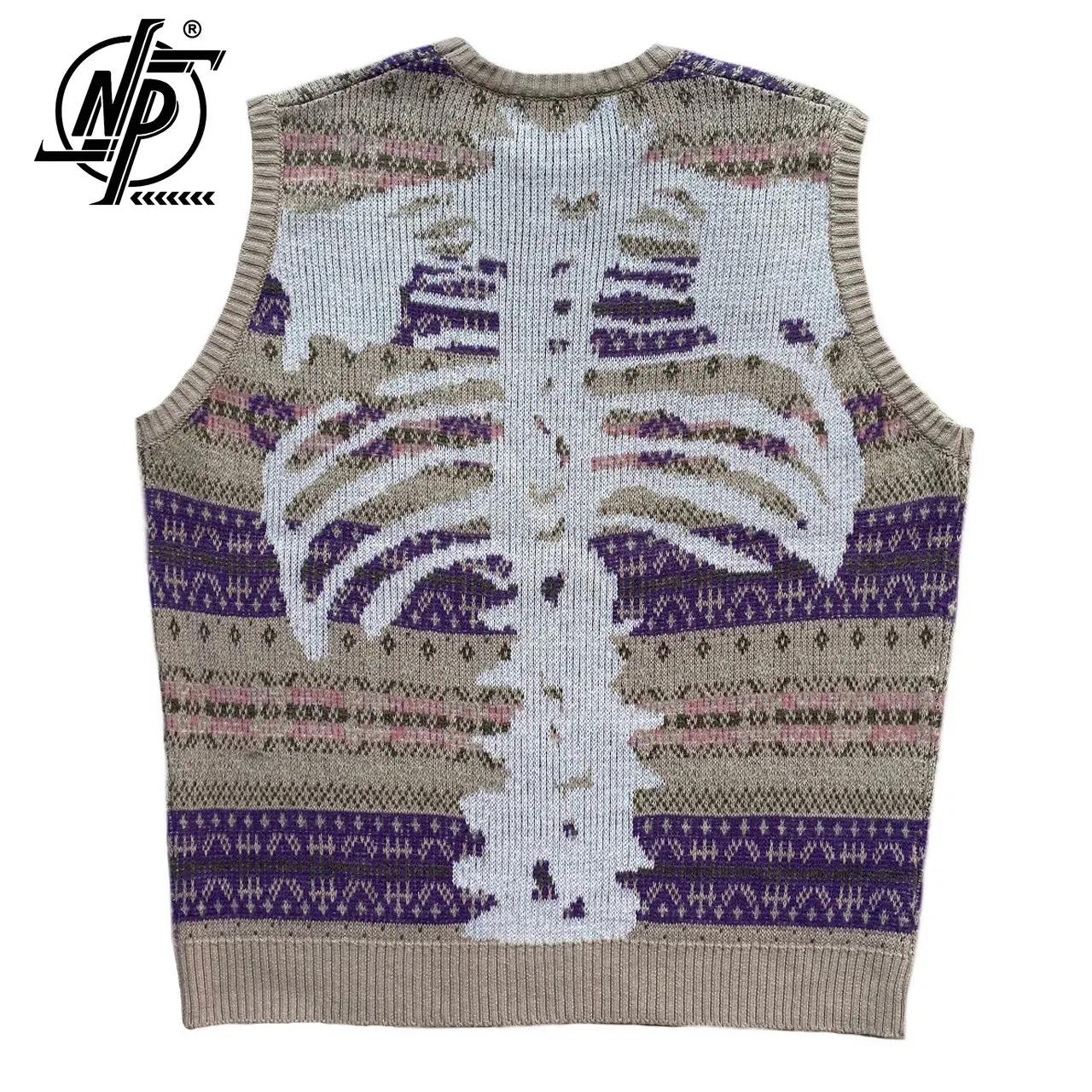 Japanese Vintage Sweater Vest Men Skeleton Printed Round Neck Harajuku Wool Pullovers Vest Oversized High Street Vest Autumn