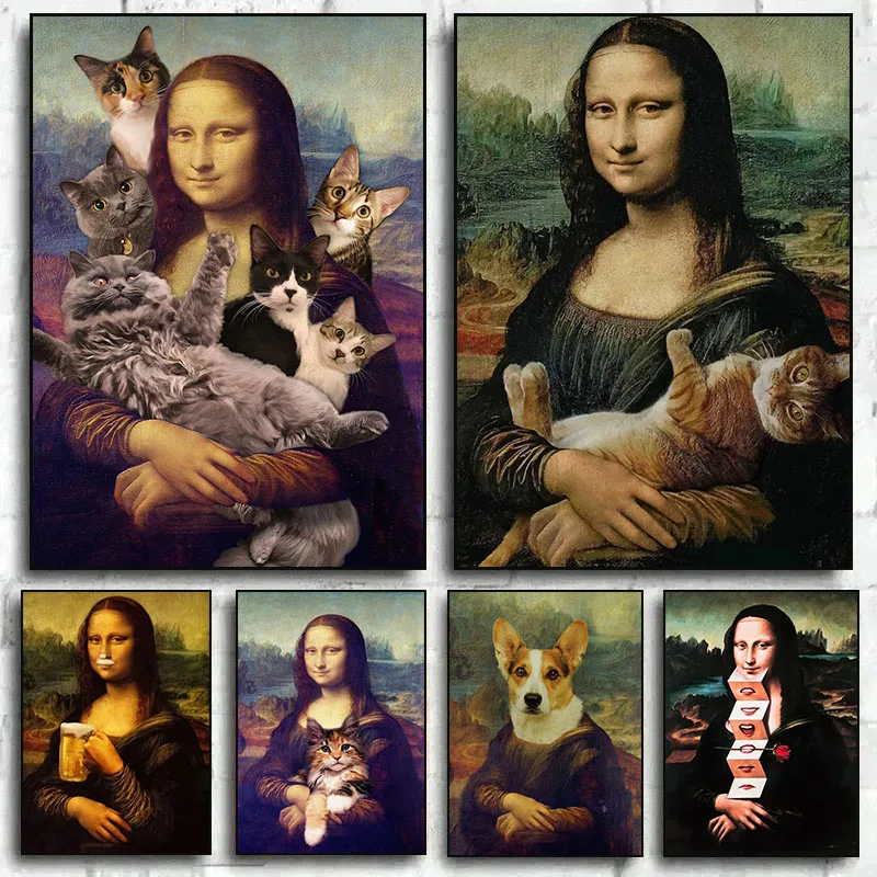 Mona Lisa Funny Wall Art Pictures Canvas Print Posters Famous Portrait Mona Lisa with Cats Canvas Paintings for Home Decor Mu