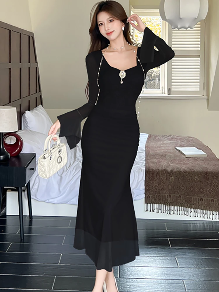 Women Korean Fashion Elegant Casual Home Dress Autumn Winte Mesh Patchwork Lace Dress 2025 New Diamonds Square Collar Prom Dress