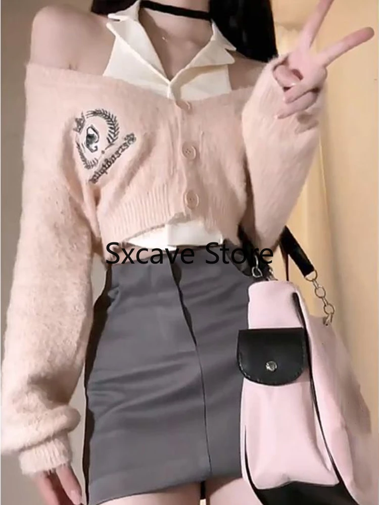 Kawaii Clothing 3 Piece Skirts Set Women Y2k Crop Tops Cardigan Sweater + Mini Skirts Casual Knitted Suits Korean Fashion Chic