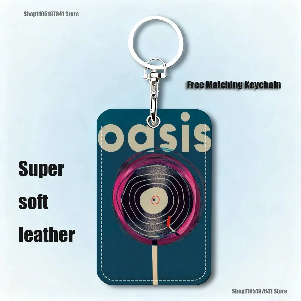 O-Oasis Band Pattern 1Pc PU Leather Card Holder Keychain Key Ring Door Lock Access Tags ID Card Case Keychain Card