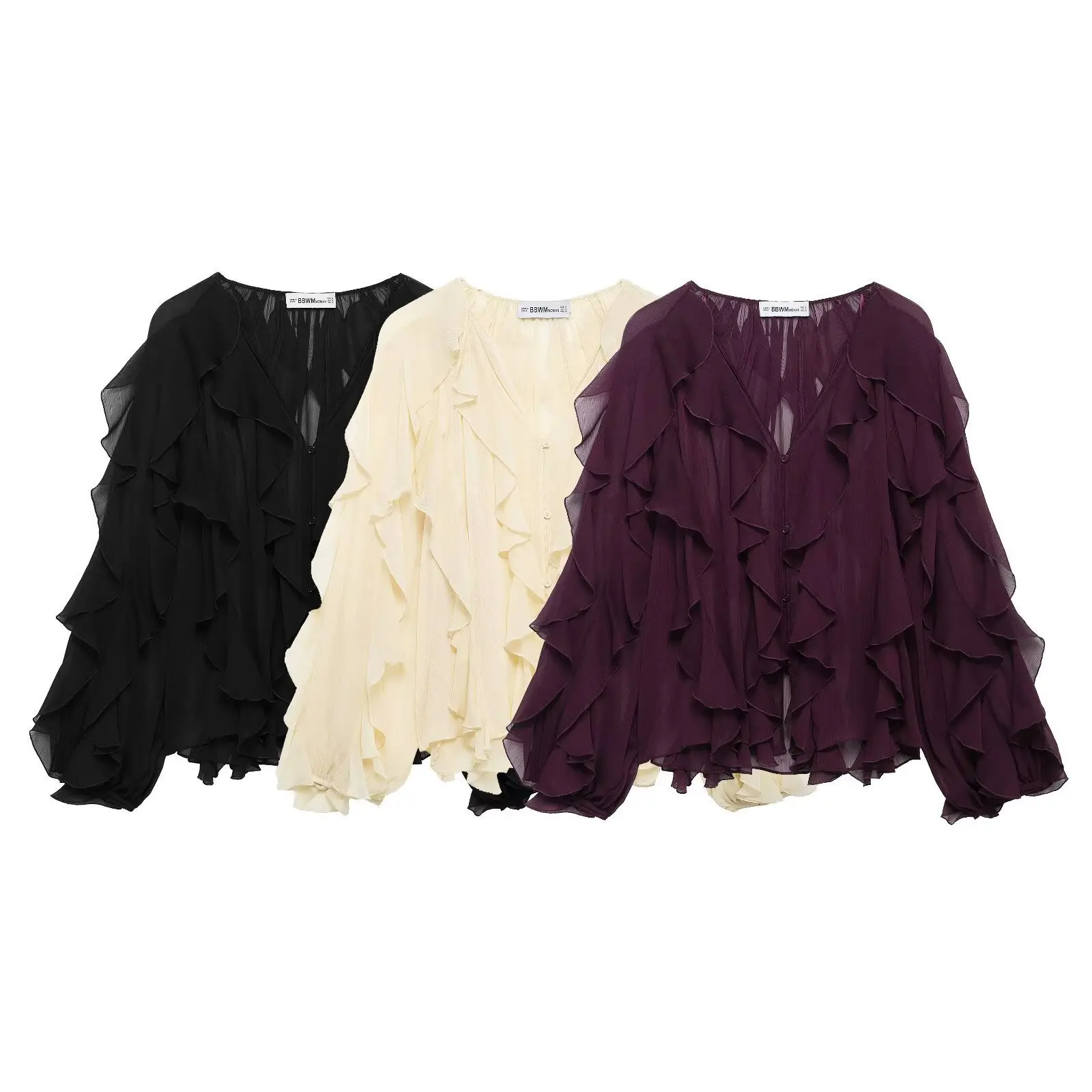 

2026 European and American style spring and summer women's clothing long-sleeved laminated decorative ruffle edge shirt