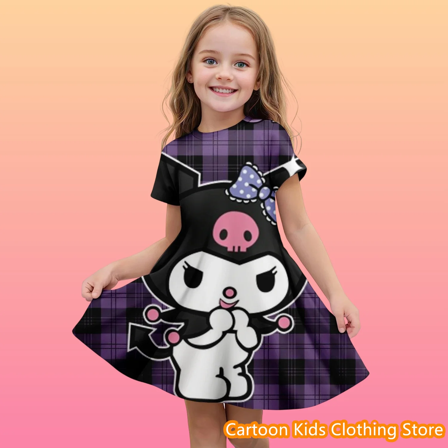 

Kuromi Summer Girls Skirt Short Sleeved Dress 3d Printed Cartoon Cute Children's Fashion Mnso Breathable Clothing Party Trend