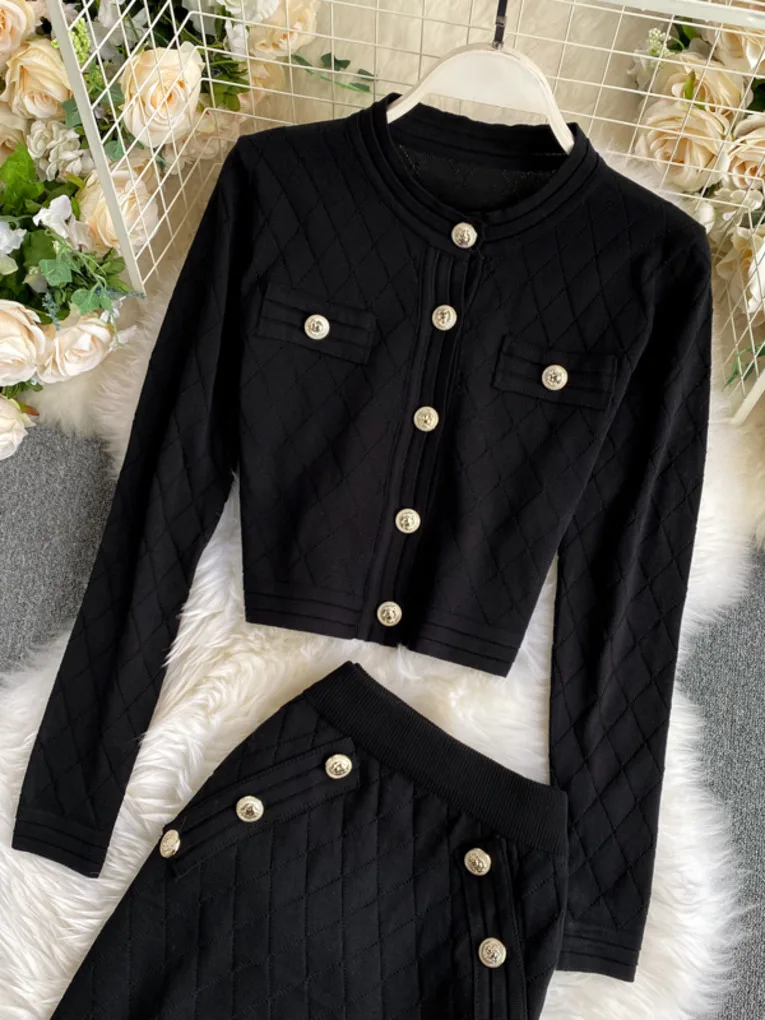 Black long sleeve buttons sweater top and skirt suits women knitted two piece set New autumn fashion ladies club outfits