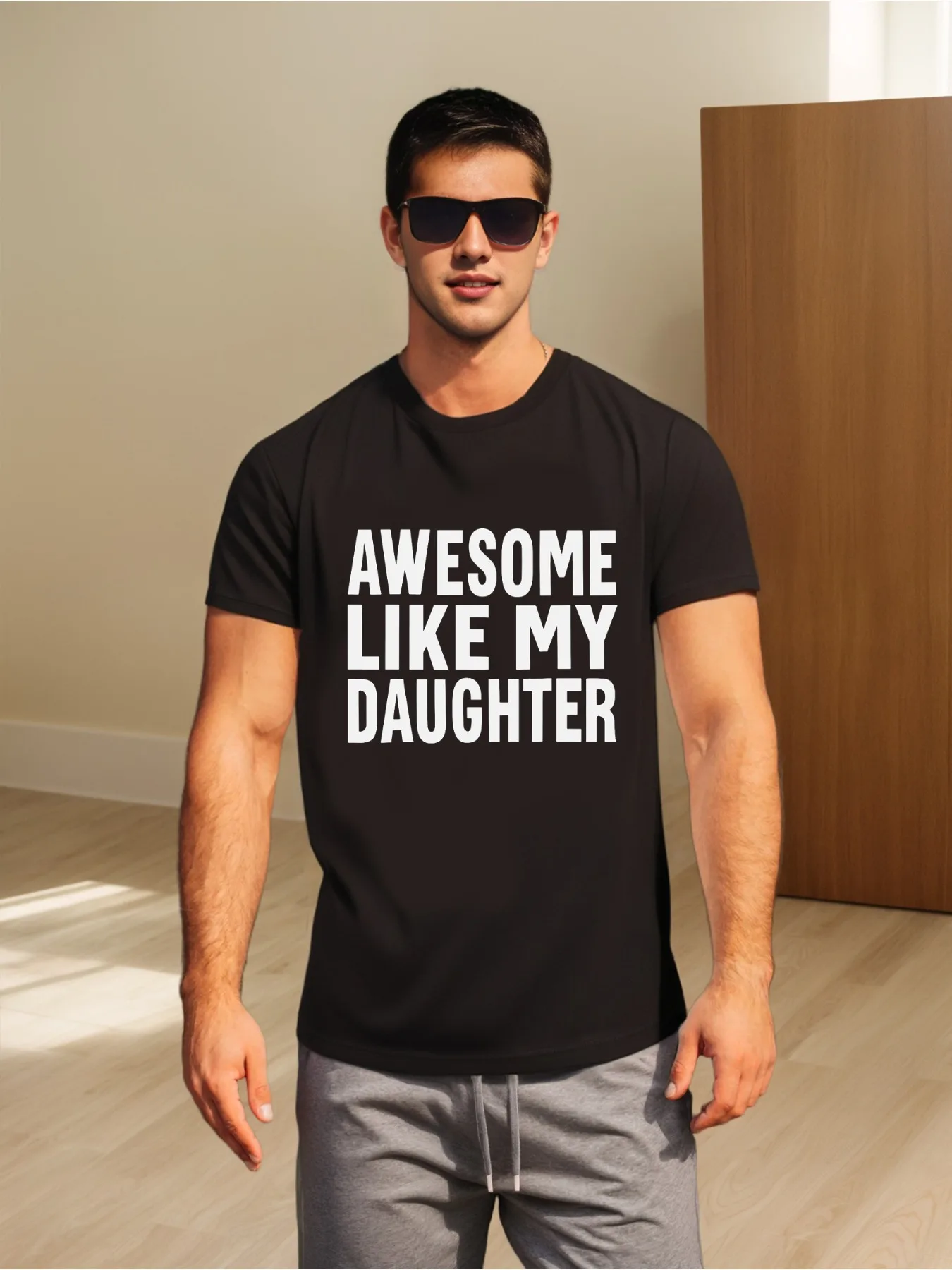 

White Slogan "AWESOME LIKE MY DAUGHTER" Men'S Round Neck Cotton Black Thick Short Sleeve T-shirt. Breathable and Comfortable