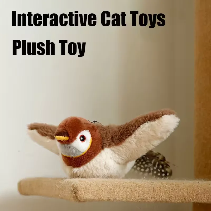 Interactive Cat Toys Rechargeable Flying Bird Cat Toy Chirping Flapping Bird Can Add Catnip Touch Activated Plush Toy