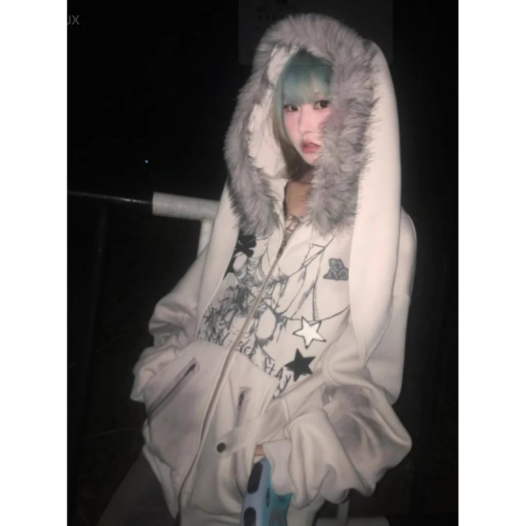 Subculture Faux Coats Women Graphic Jacket Hooded Fleece Fur Hoodie Edgy American Retro Street Style Y2K Fashion Top Sweatshirt
