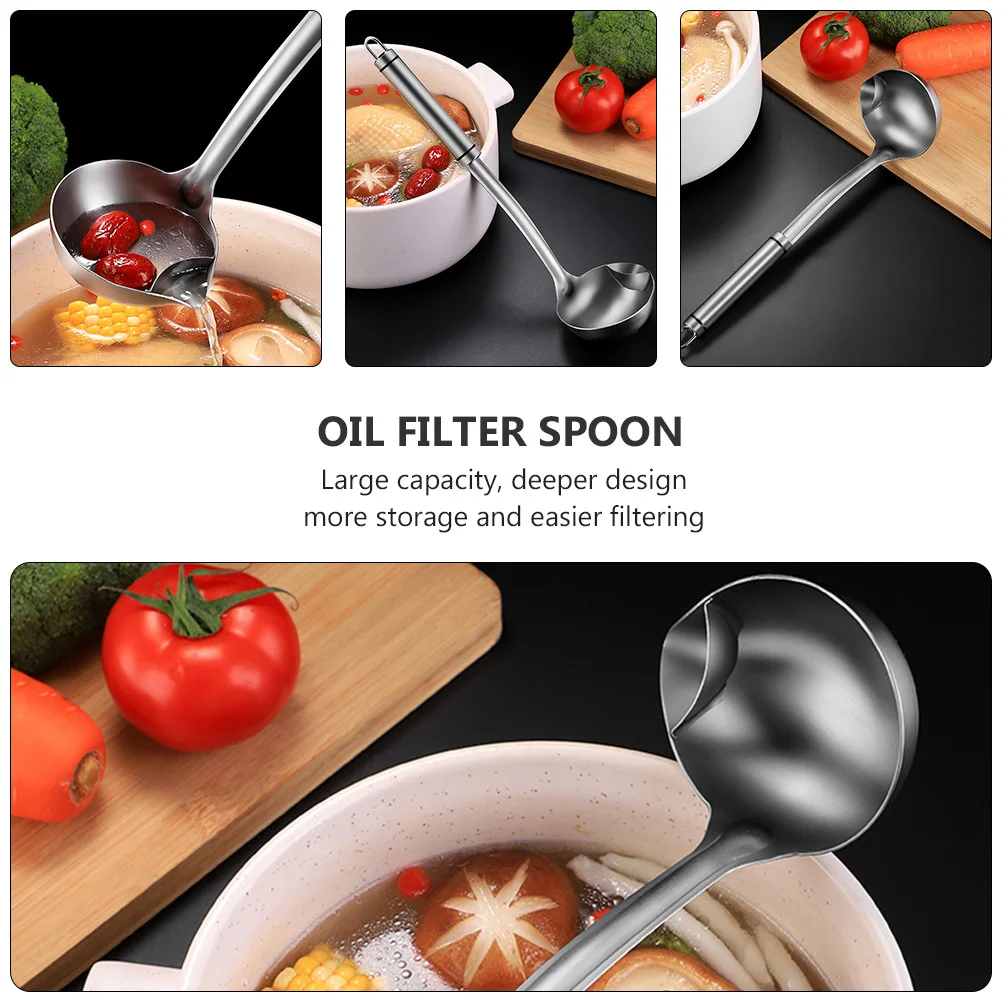 

Kitchen Oil Filter Spoon 304 Stainless Steel Soup Skimmer Grease Separator Cooking Gadget Silver