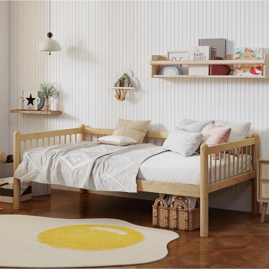 Twin Daybed with 3-Side Guardrails and Wood Frame