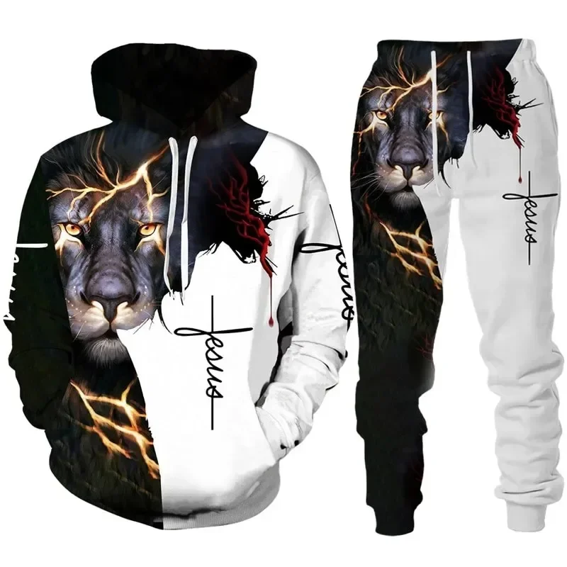 

2024 Autumn New Lion Sweatshirt Hoodie 3D Printing Men's Sportswear Sweatpants 2PK Set Men Pullover Fashion Men's Clothing Suit