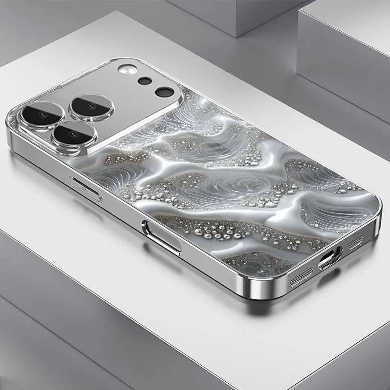 Silvery Wave Pearl Flow Pattern Silvery Plated HD Glass Phone Case for iPhone 17 16 15 14 13 12 11 Pro Max XS XR 7 8 Plus 16E