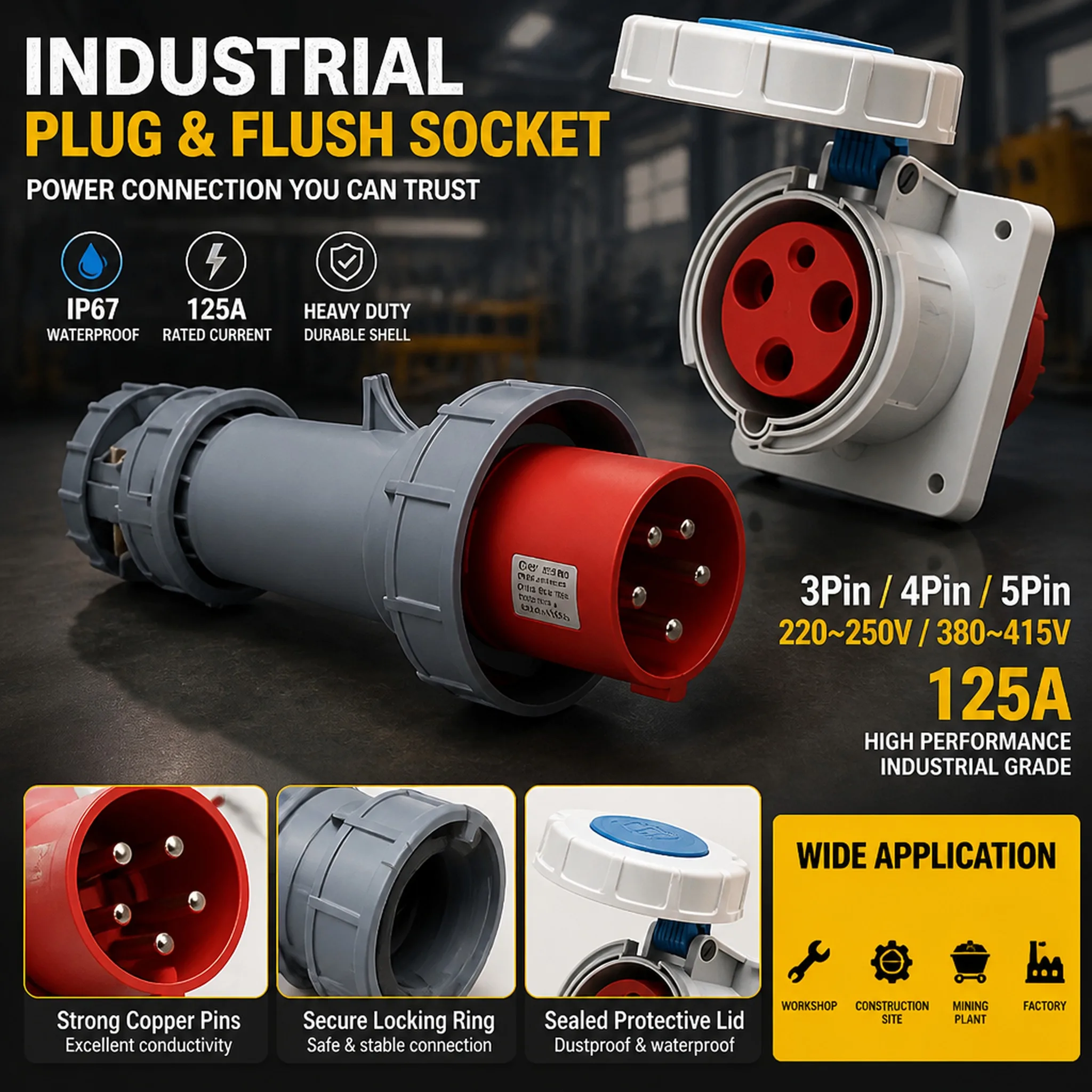 

125A IP67 Waterproof Plug Socket 3 4 5 Pin 220V 380V 415V CEE Industrial Connector Heavy Duty Shell for Workshop Mining Plant