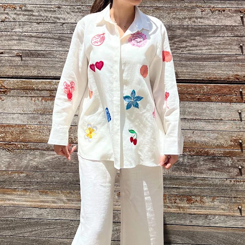 

Spring Summer New Loose Commuting Outfits Elegant Embroidery Pattern Print Shirts & Wide Leg Pants Sets Casual Lapel Button Sets
