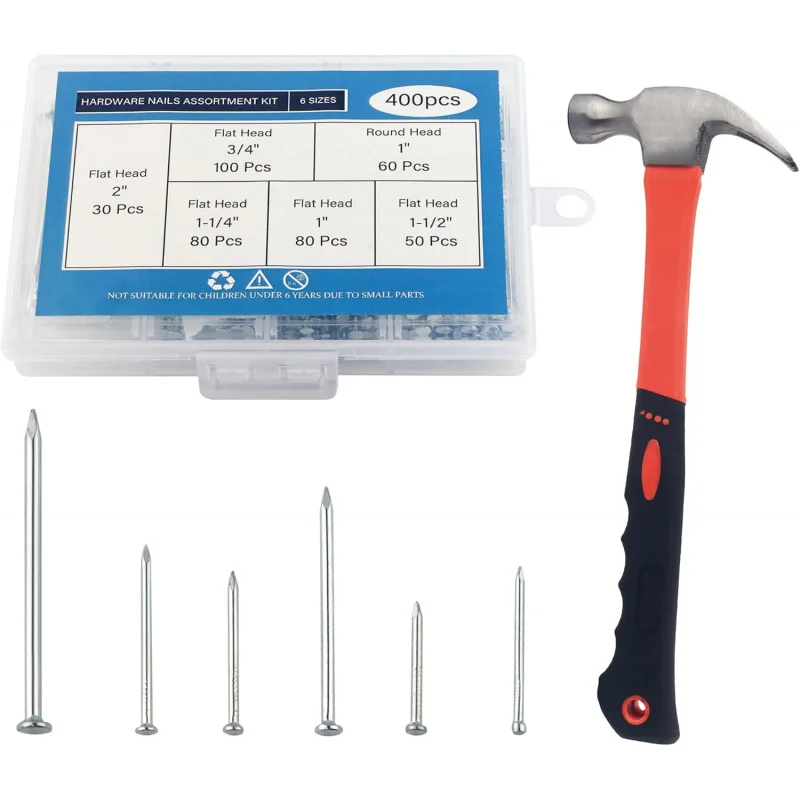 376 Pcs Nails Assortment kit With Hammer  7 Sizes Multiple specifications for Hanging Pictures, Picture