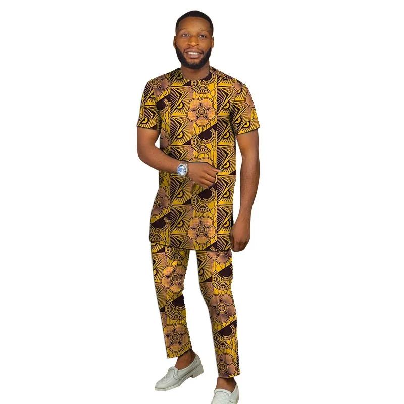 African Print Men\'s Set Short Sleeve Tops With Pant Nigerian Fashion Wax Male Wedding Party Garments