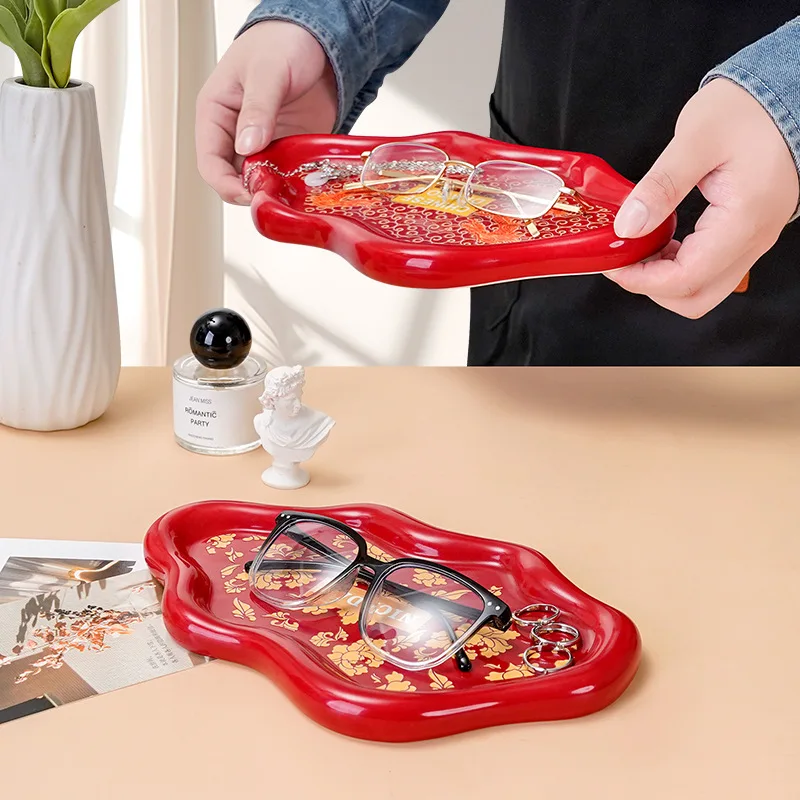 

New Year Red Watch & Glasses Storage JewelryTray, Snack Plate, Desktop Organizer for Entrance & Bedroom