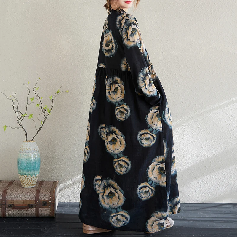 NYFS 2025 ربيع وصيف جديد خمر القطن الكتان فستان طويل فضفاض طباعة كم طويل فستان امرأة رداء Elbise