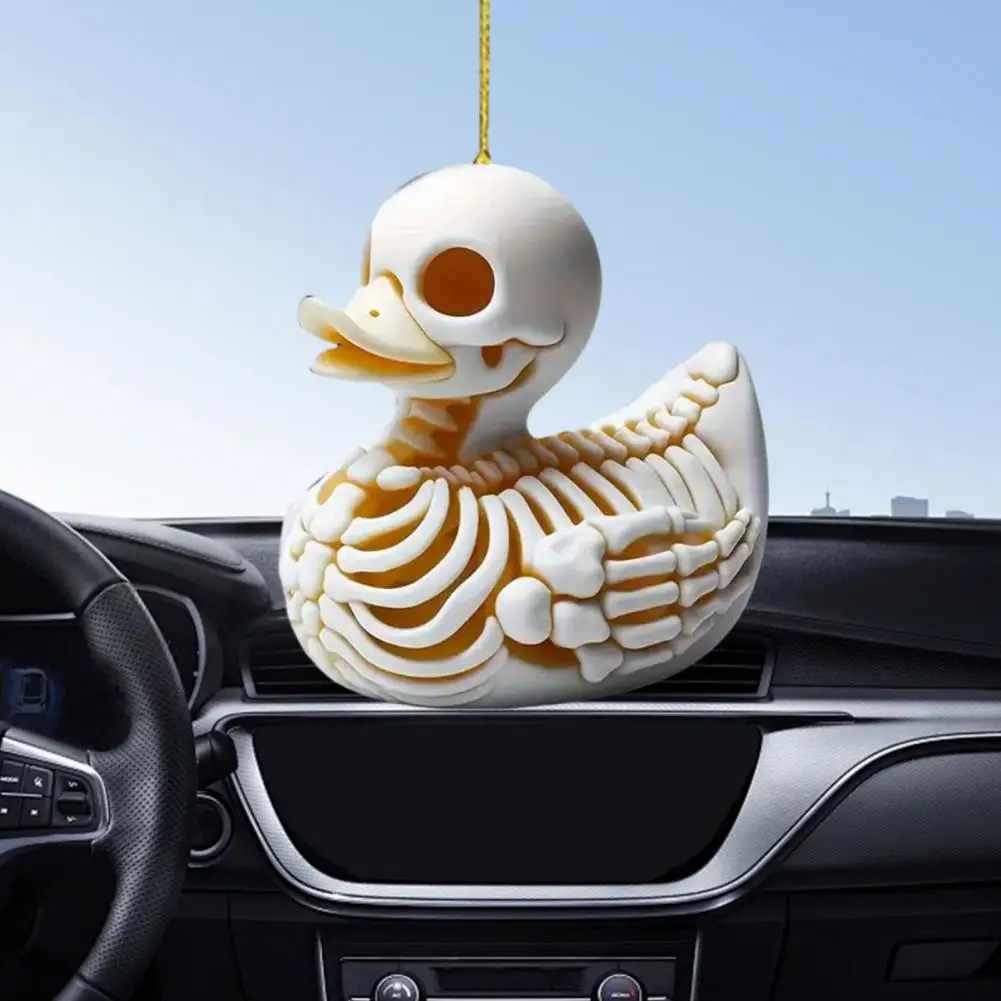 Skeleton Duck Car Mirror Hanging Ornament Cute Cat Charm Keychain Pendant Acrylic Rearview Mirror Accessories