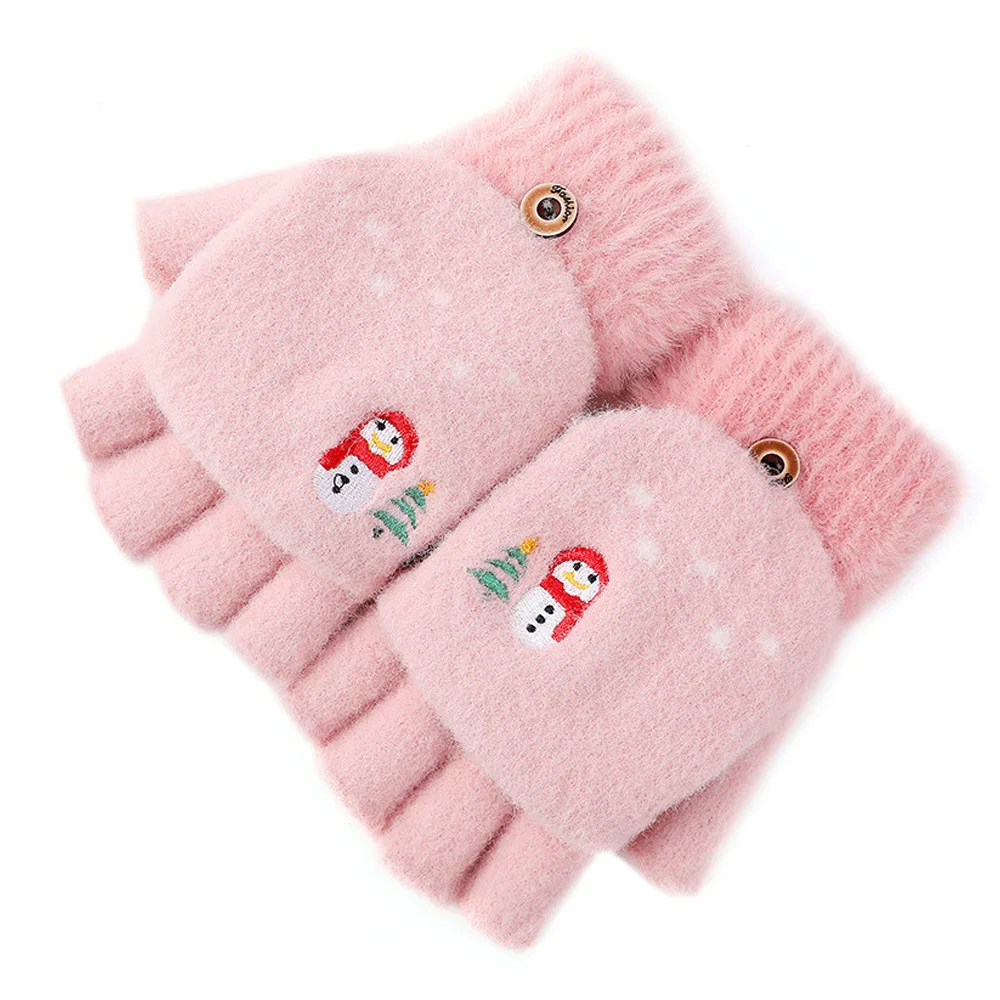 Winter Knitted Gloves Women's Warm Thickened Cartoon Embroidery Plush Flip Writing Gloves Student Wholesale DZ104