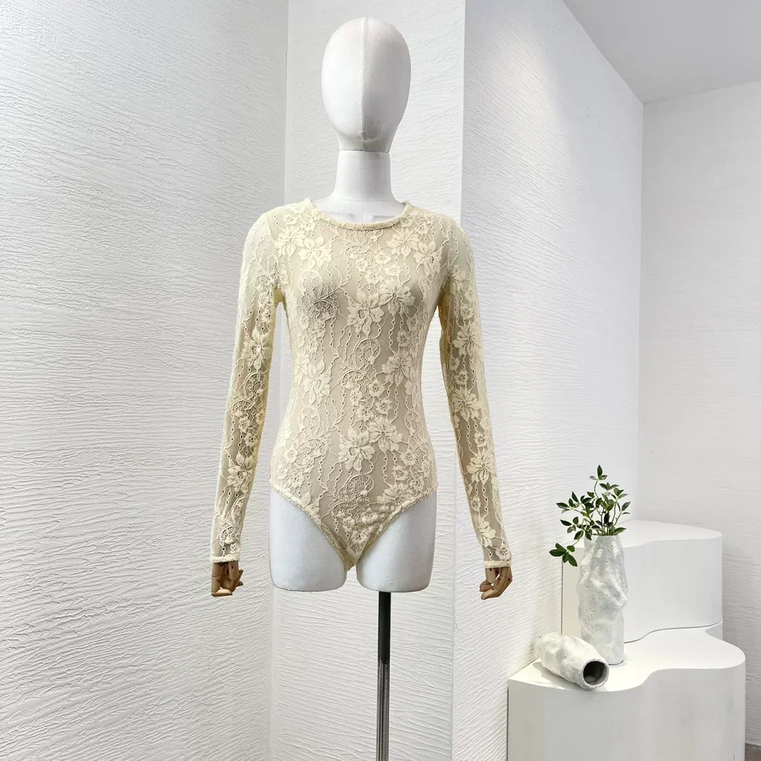 

High Quality 2024 New Beige Long Sleeve Lace Patchwork Women Beach Style Black Bodysuit