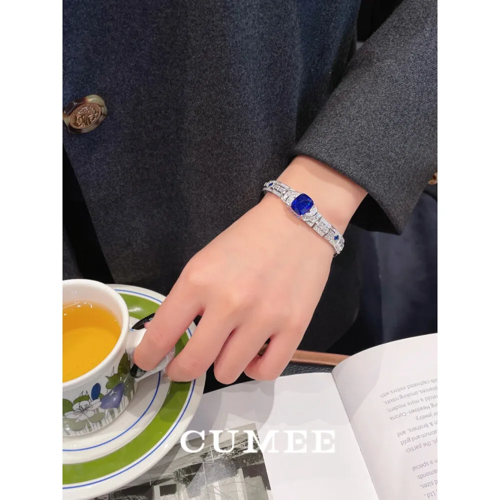 CUMEE 925 Sterling Silver Fashion Style Unisex Cultivated Synthetic Sapphire Blue Gemstone Bracelet. Silver Plated Gold