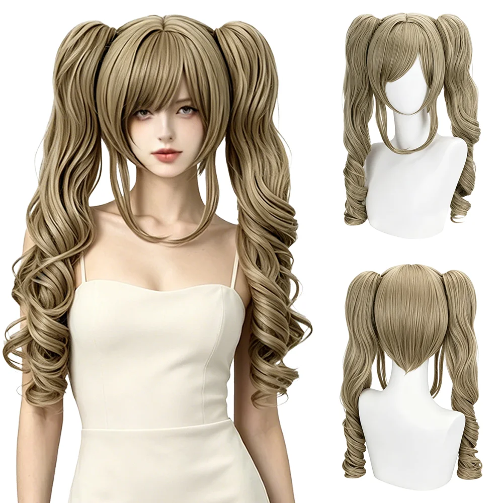 Anime Barbara Cosplay Wigs Linen Light Brown Long Curly Detachable Double Ponytail Heat Resistant Synthetic Hair For Daily Party