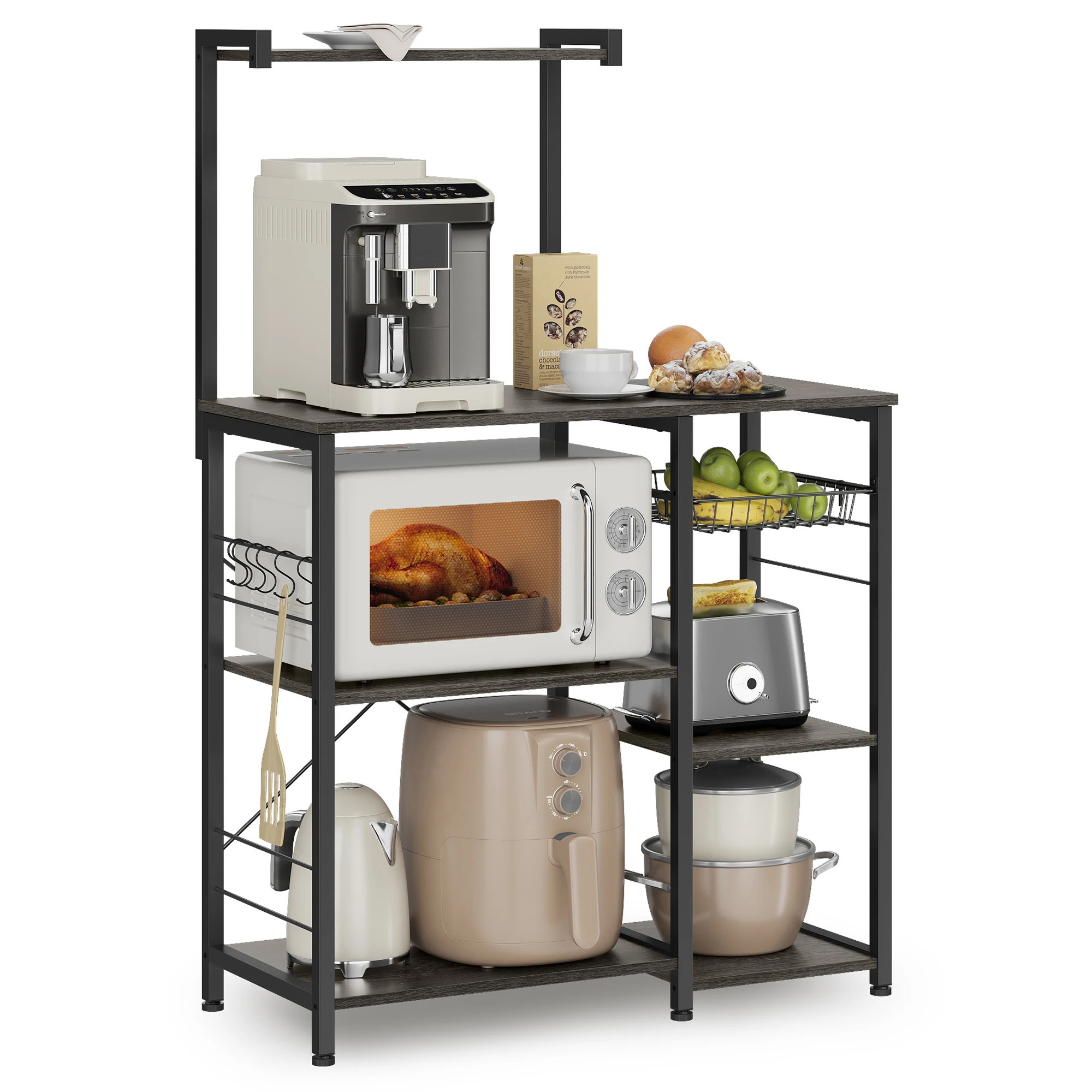 VASAGLE Baker's Rack, Microwave Stand, Kitchen Storage Rack With Wire Basket, 6 Hooks, And Shelves, For Spices, Pots