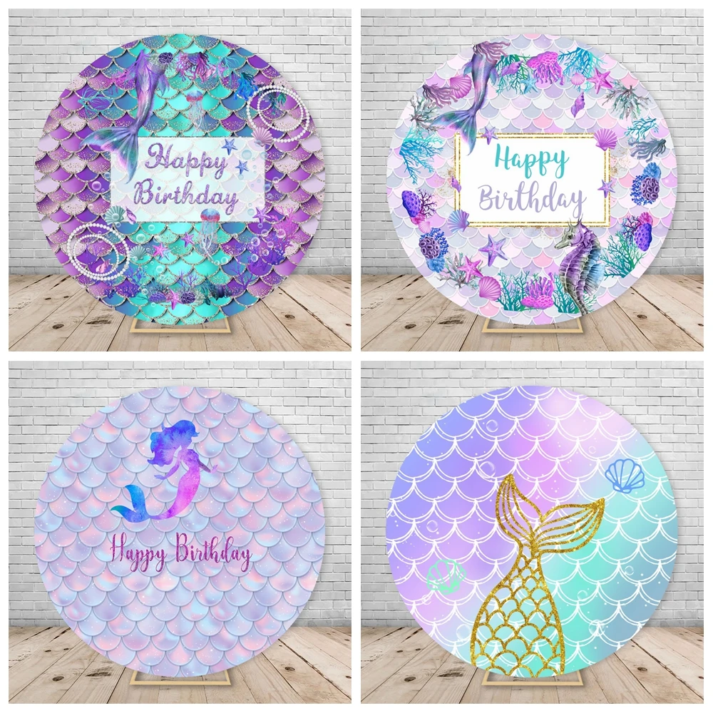 

Round Mermaid Princess Girl Birthday Backdrop Under the Sea Fish Scales Background Circle Baby Birthday Party Decorations Custom