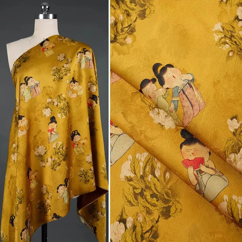 

Bright Yellow Xiangyunsha Chinese Floral Luo Fabric Jacquard Print Textile for Hanfu Qipao Blouse Vintage Traditional Clothing