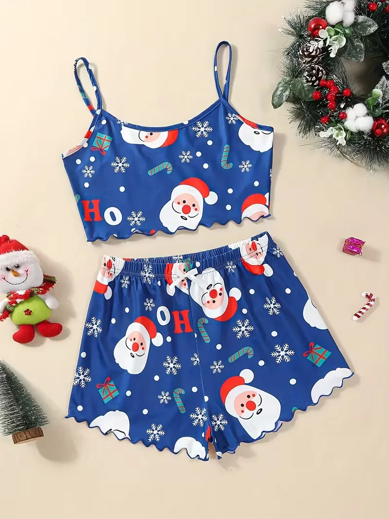 

Christmas Santa Snowflake Print Women's Sexy Pajama Set All-Season Round Neck Top and Shorts Set Sleepwear