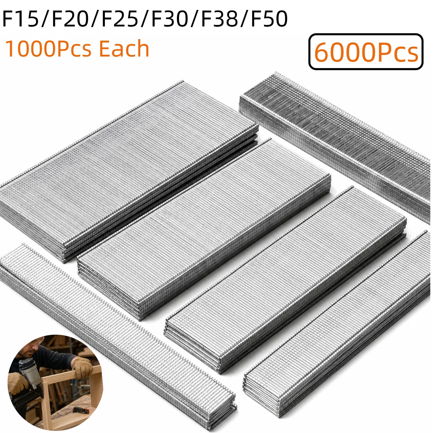 6000PCS 18 Gauge Brad Nails, F15/F20/F25/F30/F38/F50 Galvanized Nail Gun Nails for Pneumatic, Electric Brad Nailer Gun