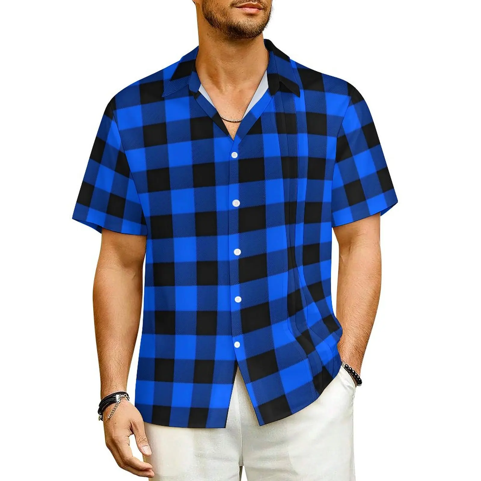 

Blue Plaid Hawaiian Shirt For Men Beach Retro Checkerboard Casual Shirts Short Sleeve Fashion Custom Elegant Oversized Blouses