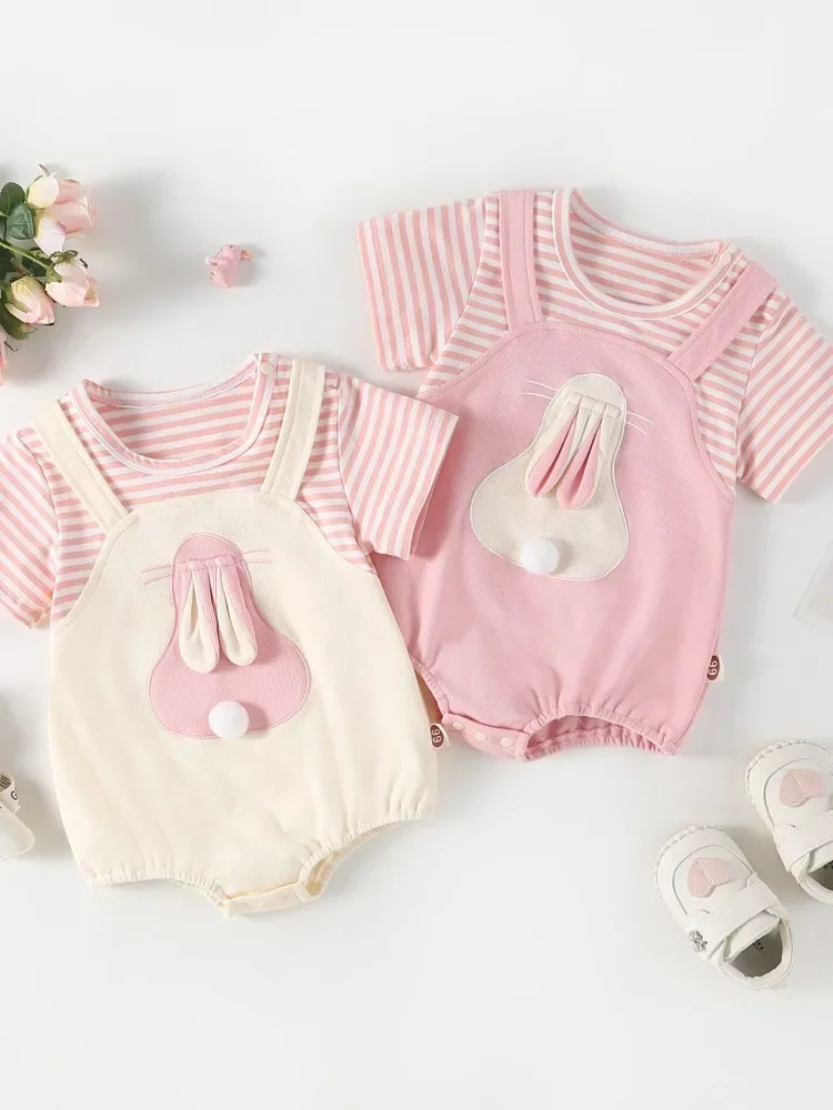 

2026 Summer Korean Style Cartoon Bunny Striped Baby Girls Bodysuits Newborn Baby Girls 1st Birthday Clothing Rompers