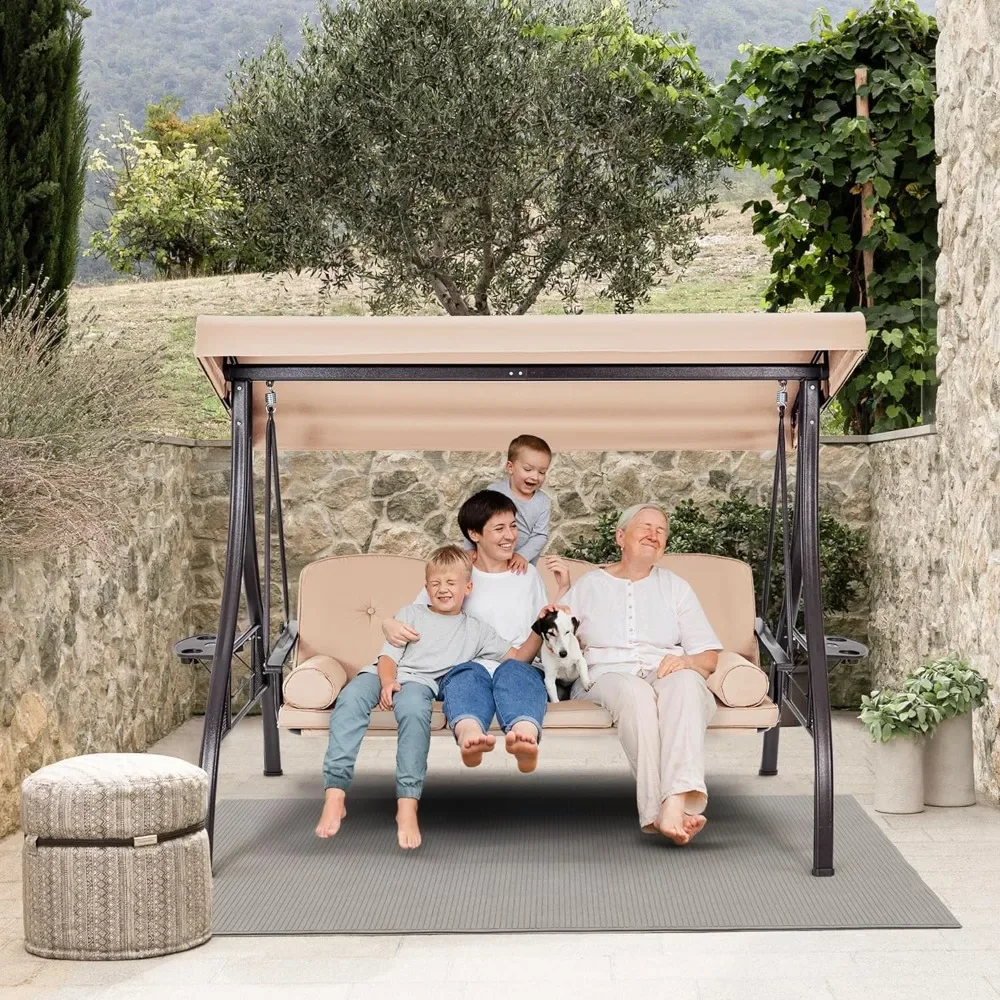 3-Seat Outdoor Porch Swing with Adjustable Canopy and Backrest, Patio Swing Chair with Weather Resistant Steel Frame