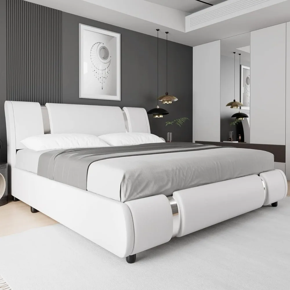 

Modern Faux Leather Upholstered Platform Bed Frame with Iron Metal Decor, Adjustable Curved Headboard, Wooden Slats Suppo