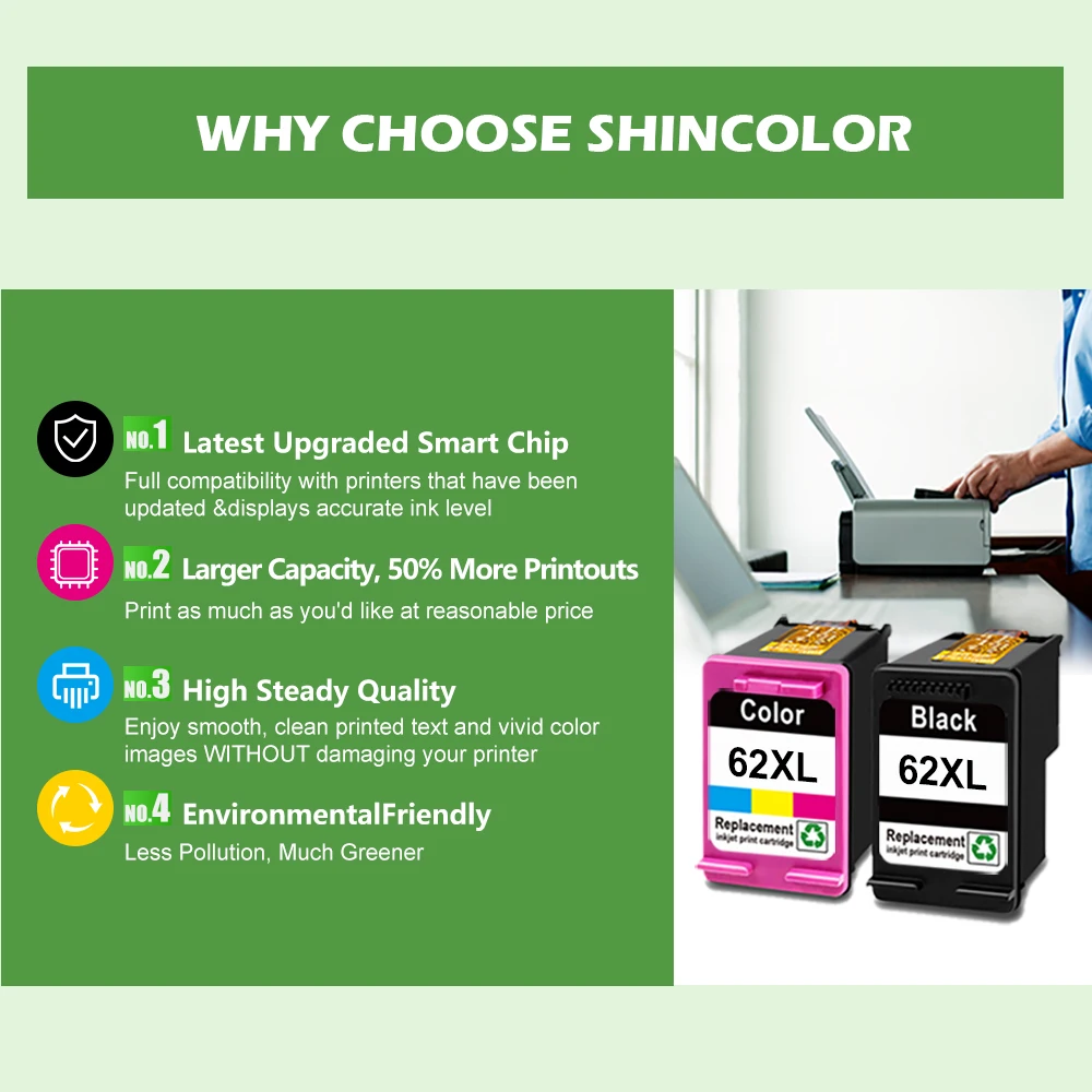 ShinColor 62xl Remanufactured Ink Cartridge Replacement for Hp62xl hp 62xl hp 62xl for Hp Envy 5540 5640 Officejet 5740