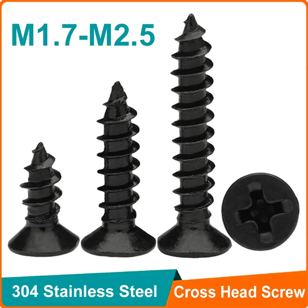 100pcs Black 304 A2-70 Stainless Steel M1.7 M2 M2.5 Cross Phillips Flat Countersunk Head Self Tapping Wood Screw GB846