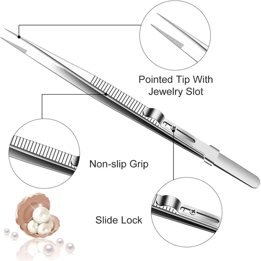 1PC Stainless Steel Diamond Jewelry Tweezers Gemstone Pincette with Adjustable Antislip Lock Jewelry Tweezer Hand Tools