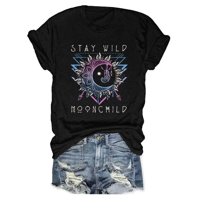 

Boho T-shirt, Stay Wild Moonchild Graphic Tee, Spiritual Mandala Moon Sun Shirt, Aesthetic Hippie Style Top, Witchy Hippie Gift