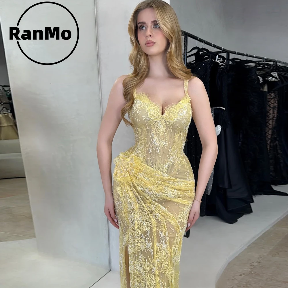 

Ranmo Customized Spaghetti Strap Sexy 2026 Evening Dress Yellow Lace Beaded Prom Gown with Ruched Waist High Slit Formal Gown