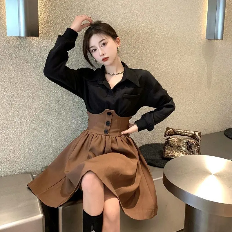 Autumn Fashion Hong Kong Style Pleated Skirt Set Women\'s Retro Salt Shirt Half Skirt Two-piece Set