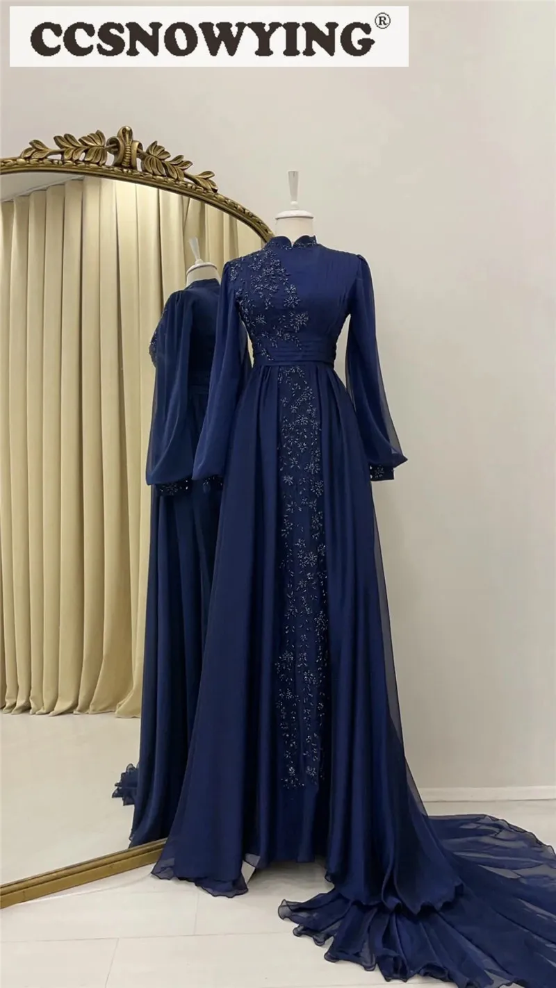 Navy Blue Long Sleeve Muslim Evening Dresses High Neck Hijab Islamic Formal Party Gowns Chiffon Appliques Arabic Robes De Soirée