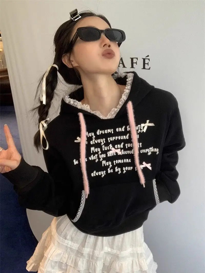 

Sweet Lace Bow Versatile Letter Hooded Sweatshirt Women Spring Autumn New Niche Design Sweet Cool Top