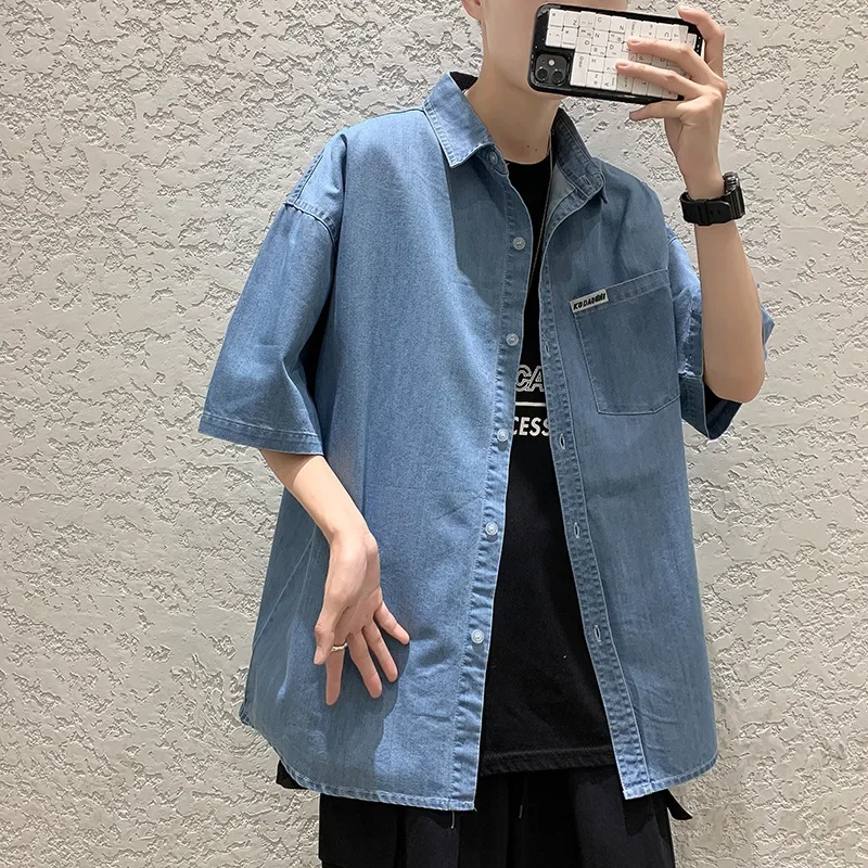 2023 Summer New Fashion Denim Short Sleeve Shirt Men Korean Fashion Retro Casual Loose Cardigan Short Sleeve Jacket Simple Style