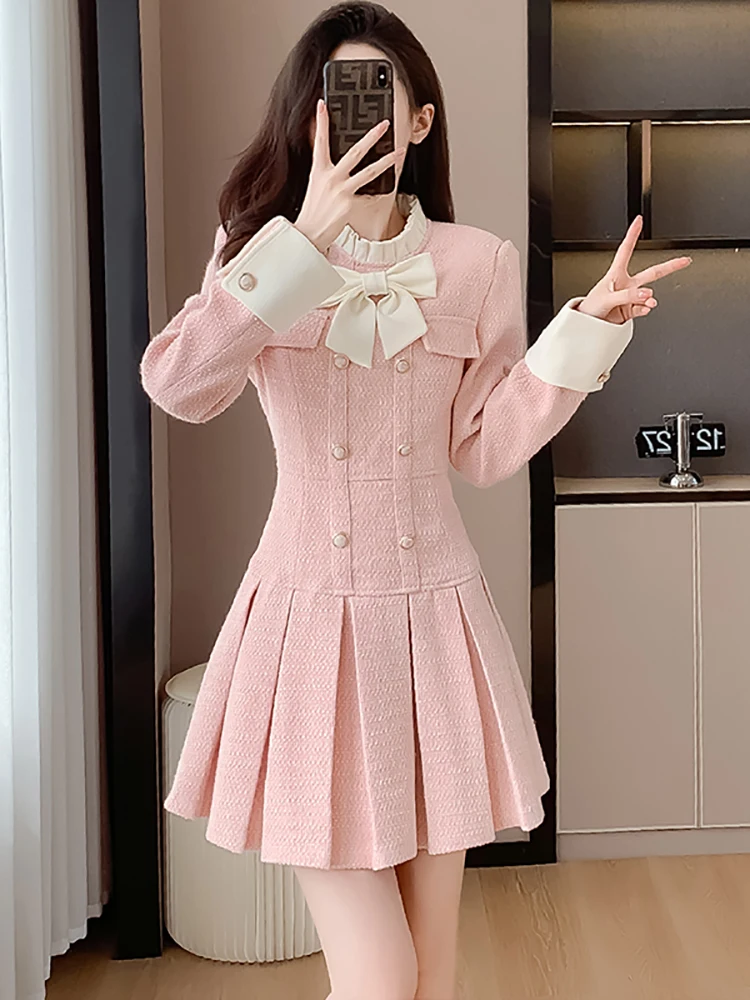 

2024 New Pink Tweed Elegant Bow Ruffled Collar Mini Dress Women Pleated High Waist A-Line Dress Autumn Winter Korean Party Dress