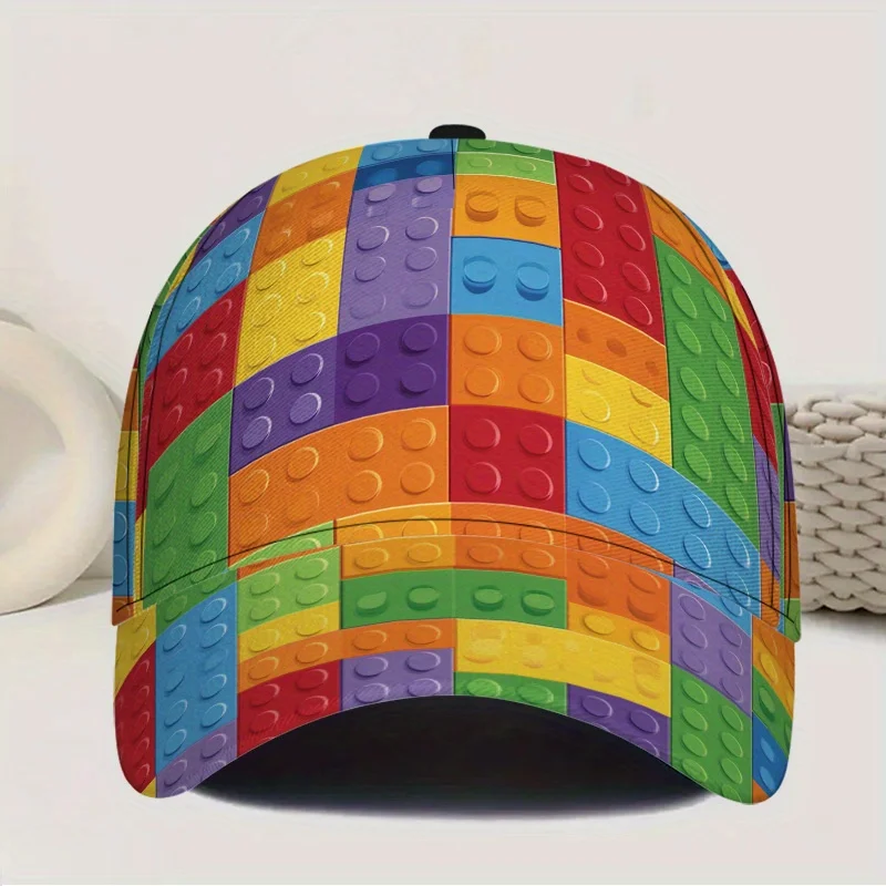 Men'S Baseball Cap Bright Building Block Pattern Hat Adjustable Snap Closure Suitable for Outdoor Sports Street Style Halloween