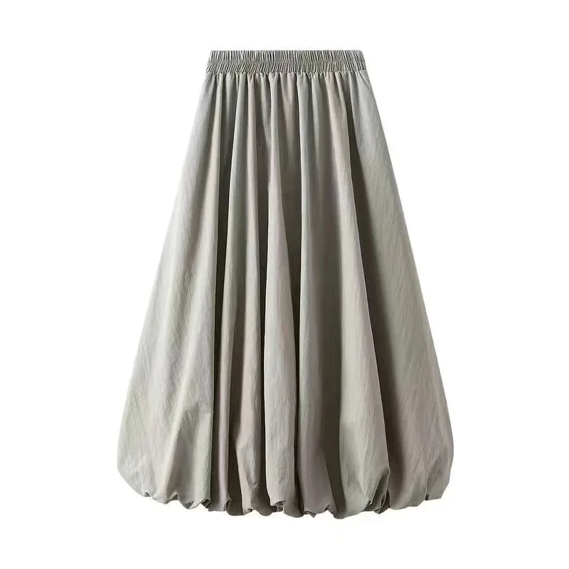Womens Elastic Waist Bubble Hem A-Line Midi Skirt