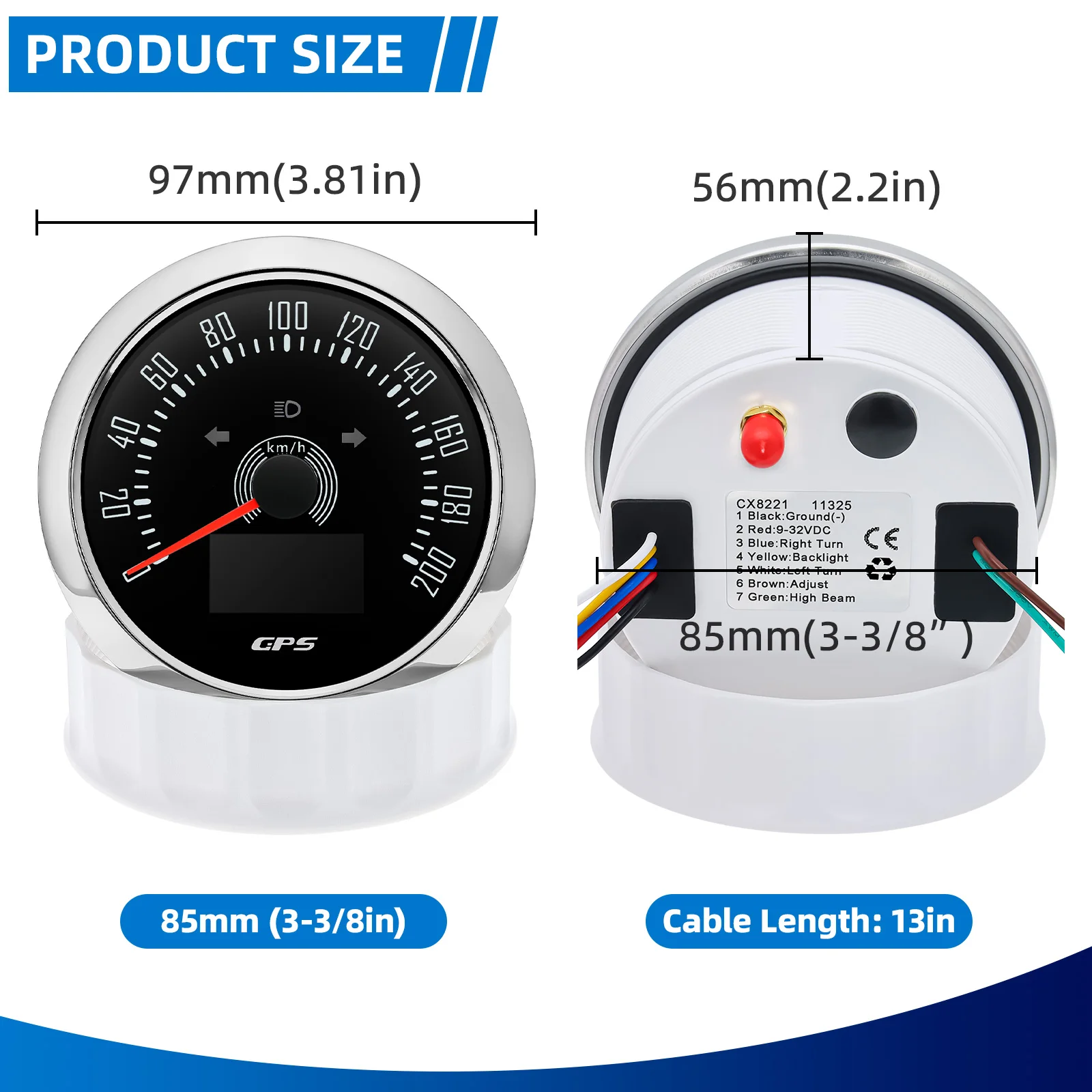 85 MM GPS Tacho 7 Farbe Hintergrundbeleuchtung Geschwindigkeit Gauge Mit GPS Antenne Für Motorrad Marine Boot Auto Lkw Geschwindigkeit Meter12V 24V – Detail 4