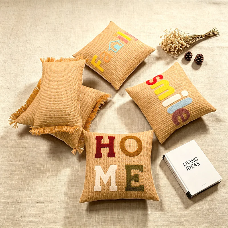 Natural Woven Jute Cushion Cover Woven Embroidered Textured Cushion Case with Letter Graphics and Tassel Edge Boho Home Decor